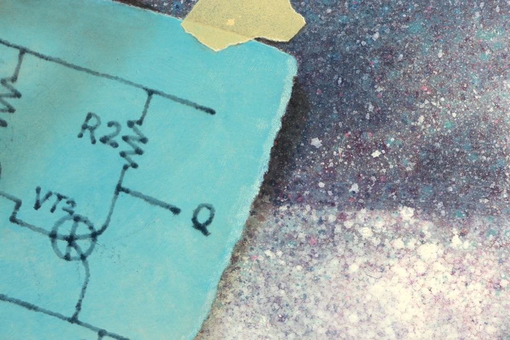 Close detail of a turquoise circuit diagram beside a mottled field of dark blue, violet, white, and pink speckles.