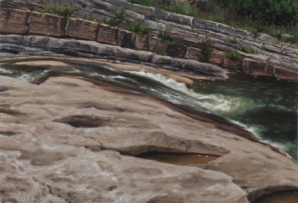 Oil painting of green water rushing over smooth tan rock ledges beneath layered cliffs dotted with vegetation.