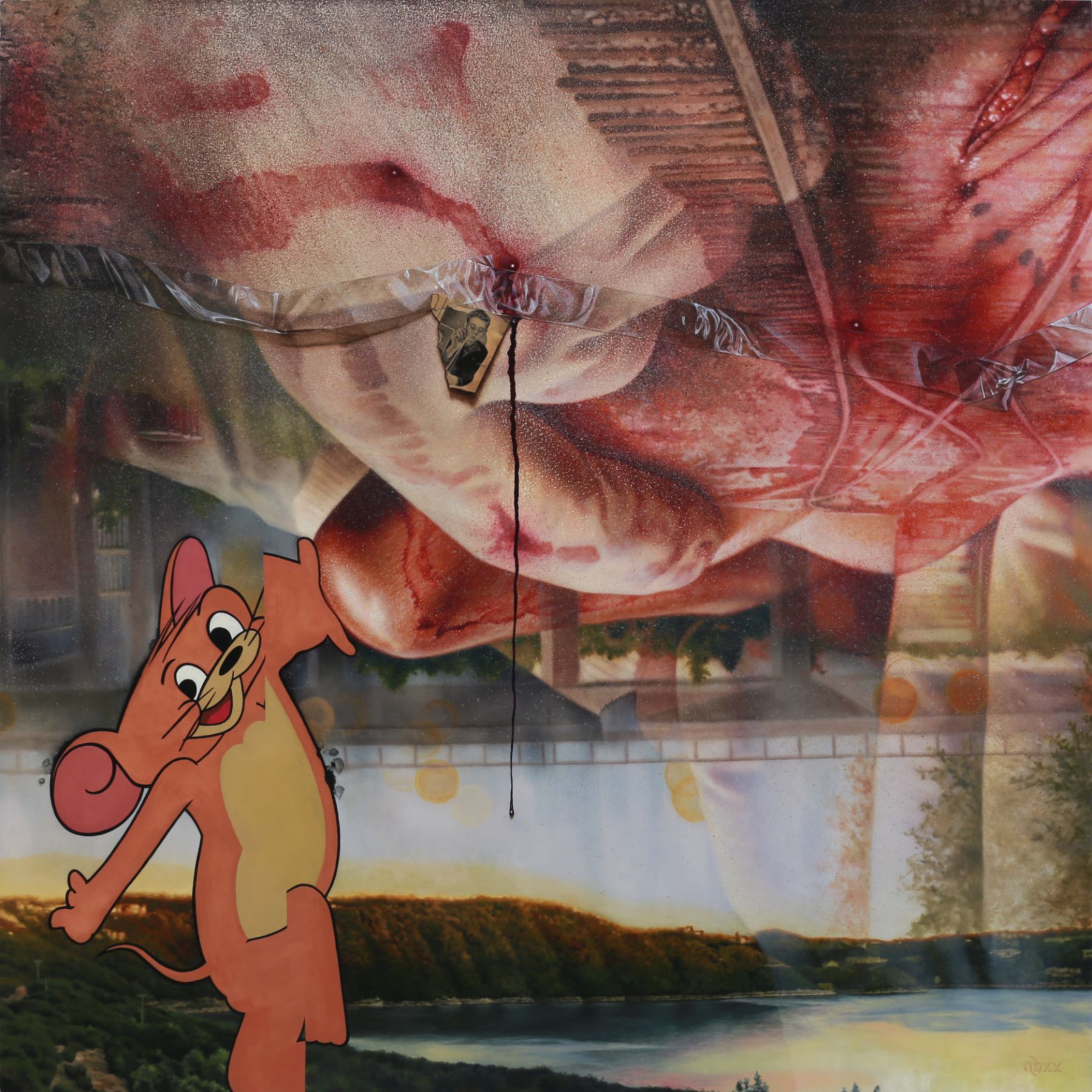 Layered painting in reds and browns combines upside down surgeon hands and body, crinkled plastic, a small photograph, a cartoon mouse, and a lakeside landscape.