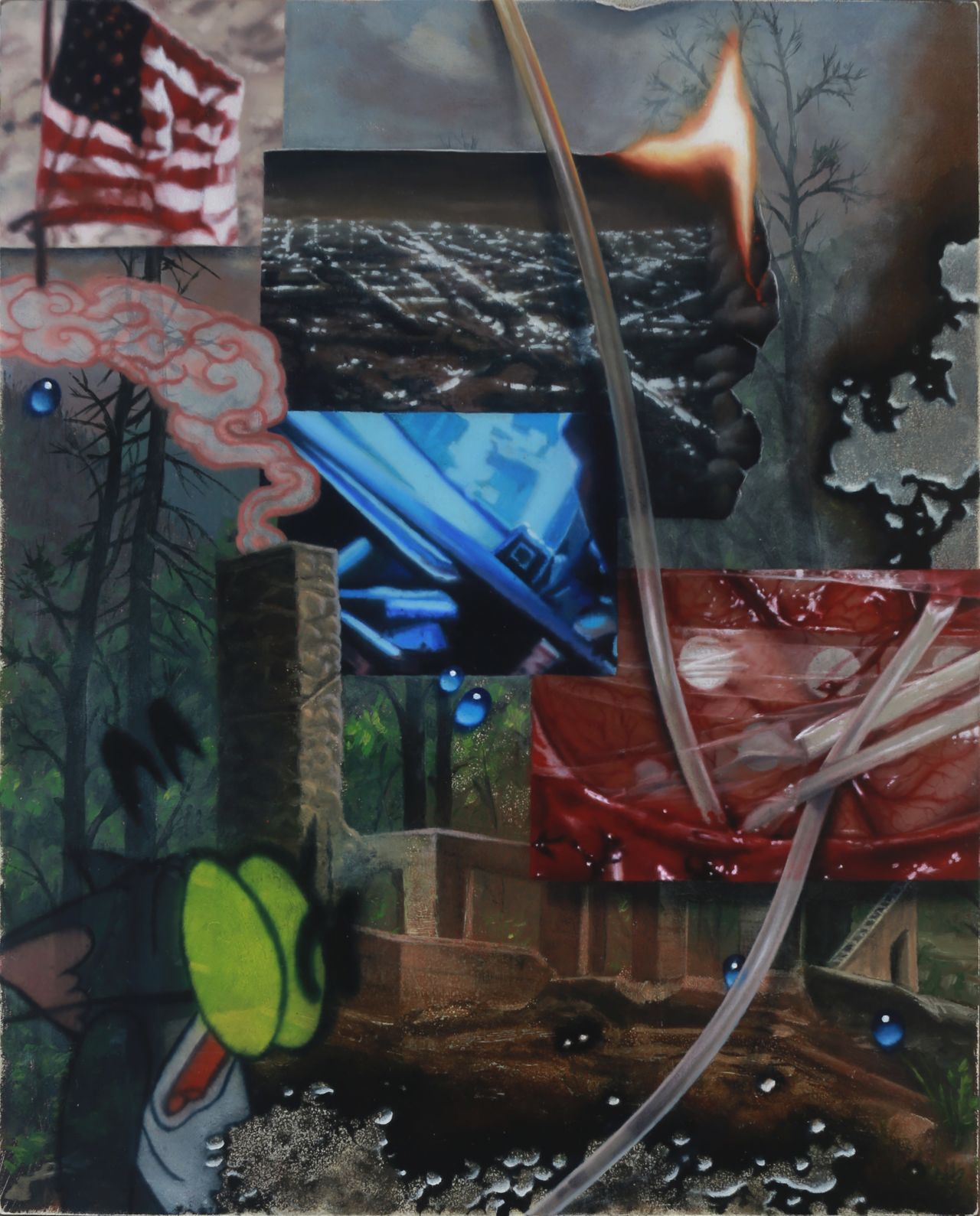 A dense collage-like painting layers a blurred American flag, dark cityscape at night, a flame, blue device, red plastic, forest silhouettes, and looping tubes.
