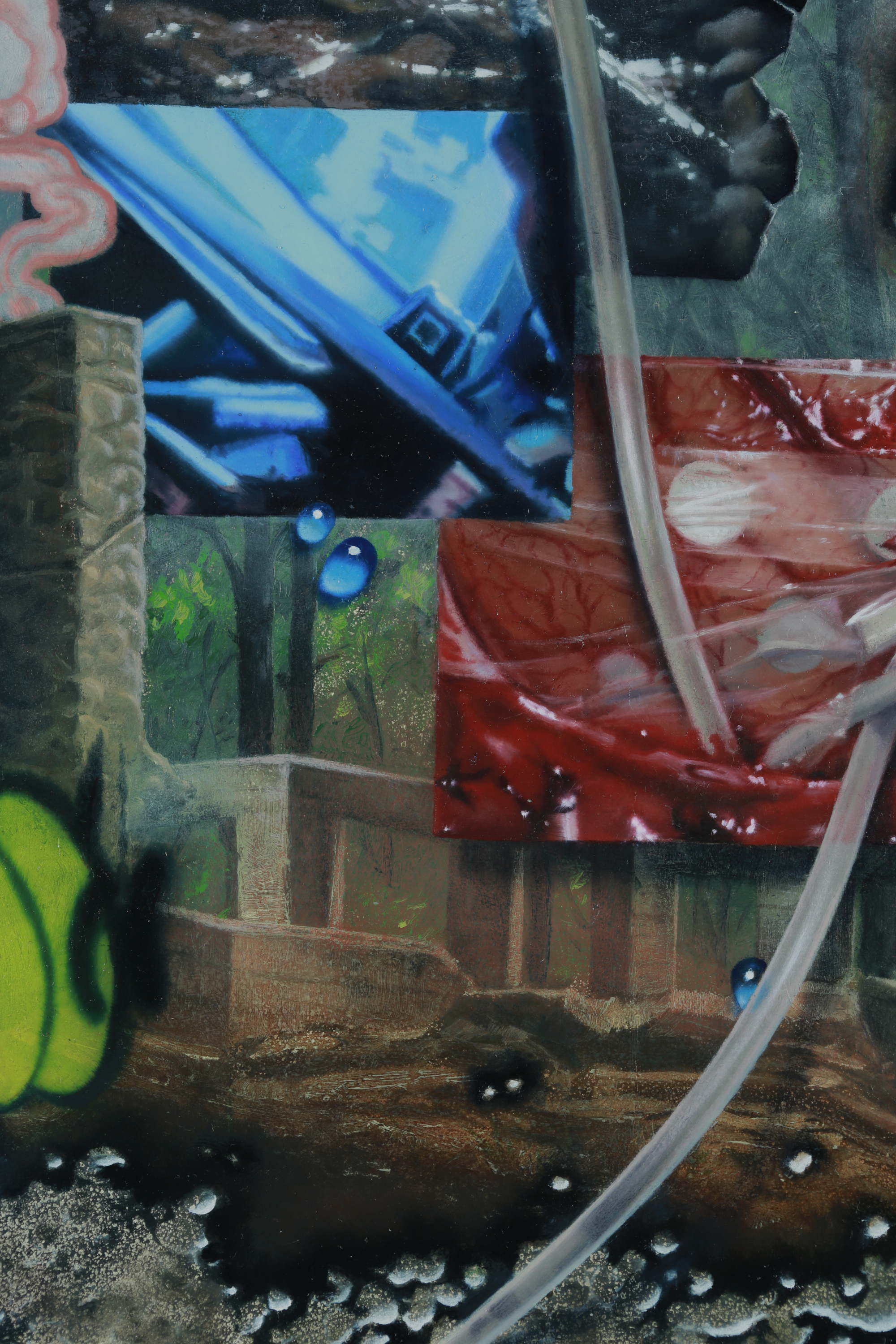 A layered painting combines a tilted blue mechanical device, red fleshy panel, green and brown passages, black puddles, droplets, and medical tubes.