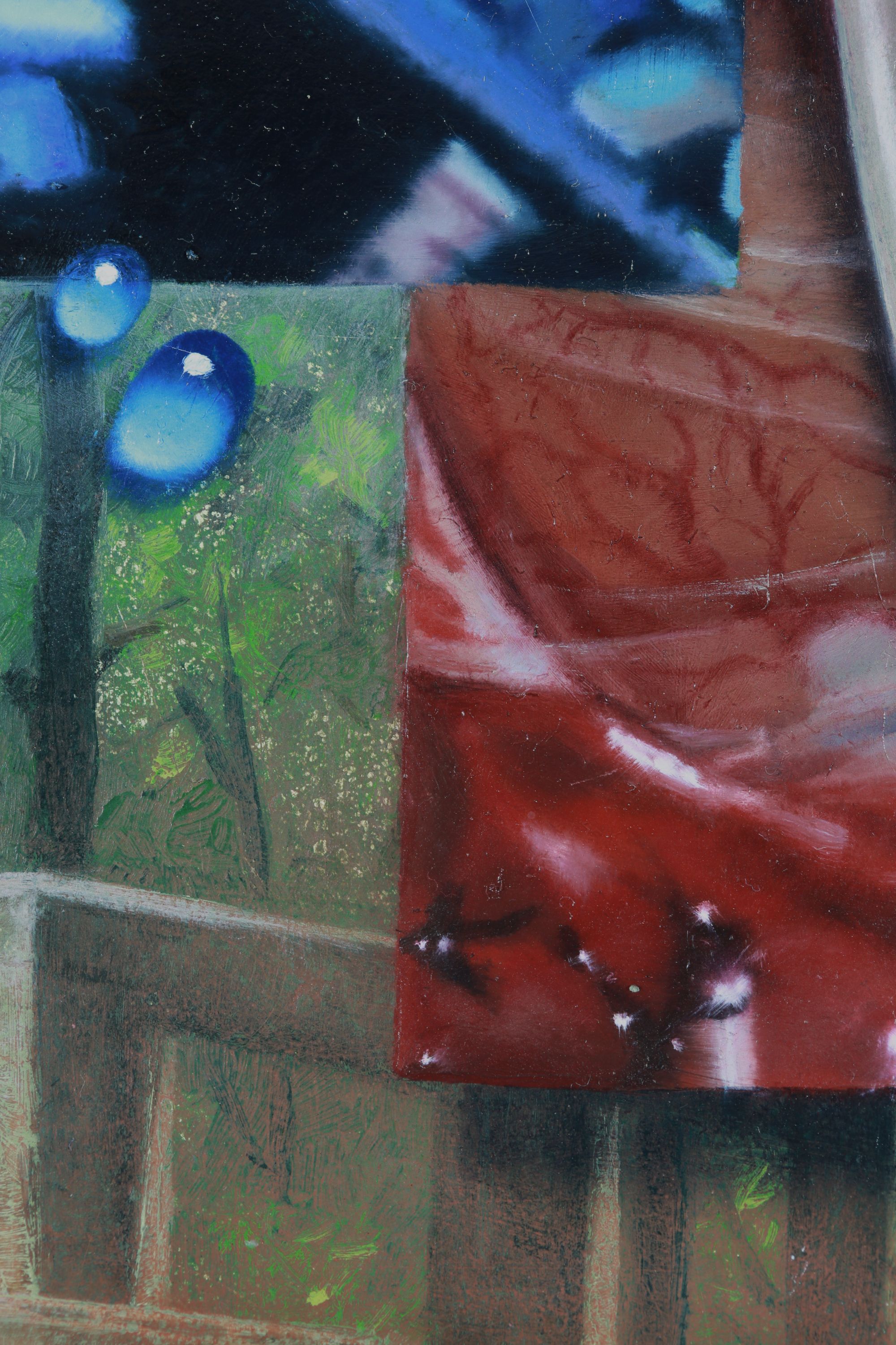 detail section of a painting with luminous blue ovals, dark blue forms, textured green panels, and a large angular red shape dotted with white highlights.