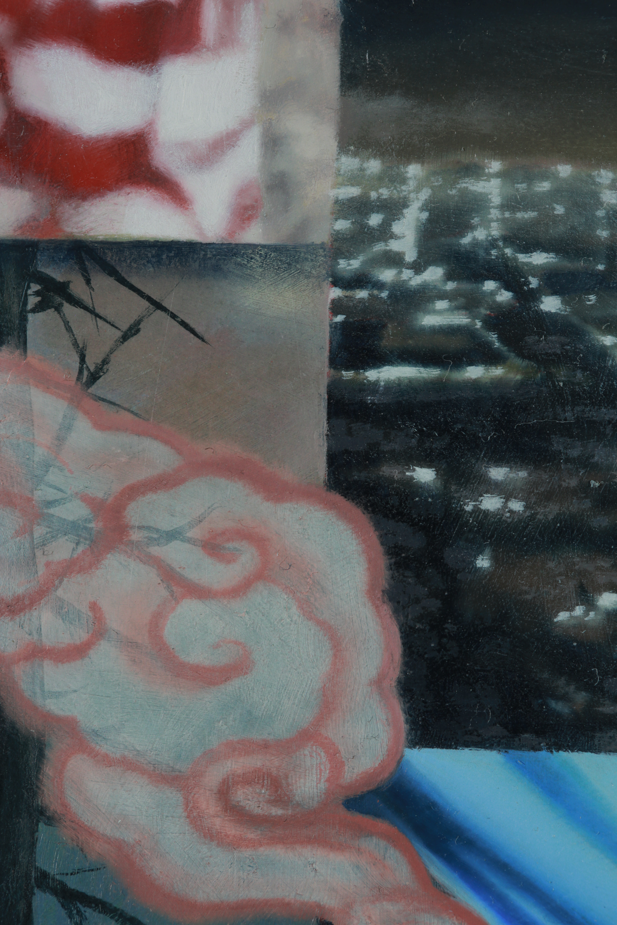 detail of painting with sections divided vertically, with layered red, pink, and gray curves beside a dark speckled field and bright blue wedge.