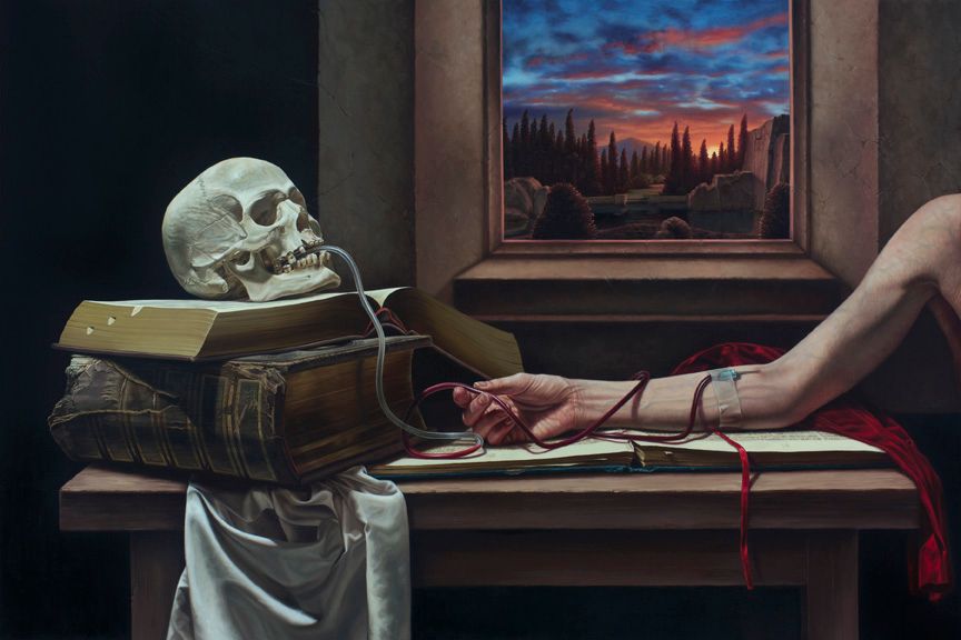 A skull rests atop worn books beside an outstretched arm wrapped in blood collection tubing, with a vivid sunset landscape viewed through a window behind.