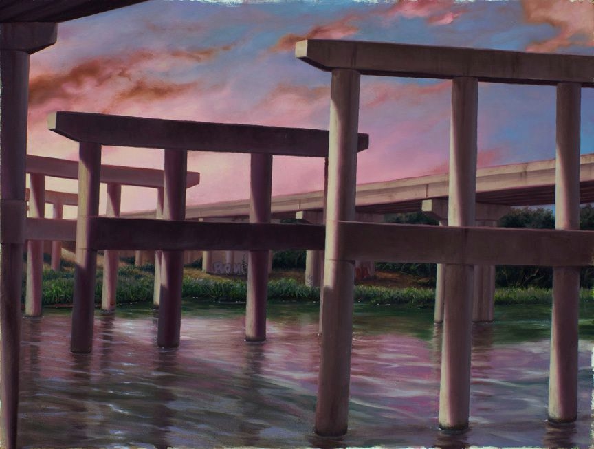 Oil painting of intersecting concrete highway overpasses on pillars above reflective water beneath a pink, purple, and blue clouded sky.