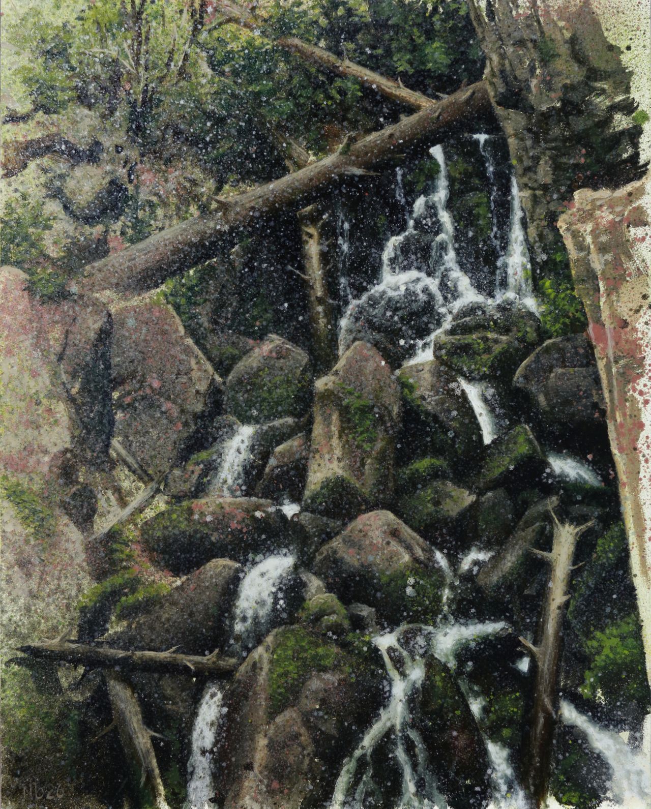 Landscape plein air oil painting of Colorado Rocky Mountain waterfall in a monsoon by Austin Texas artist Nick Baxter