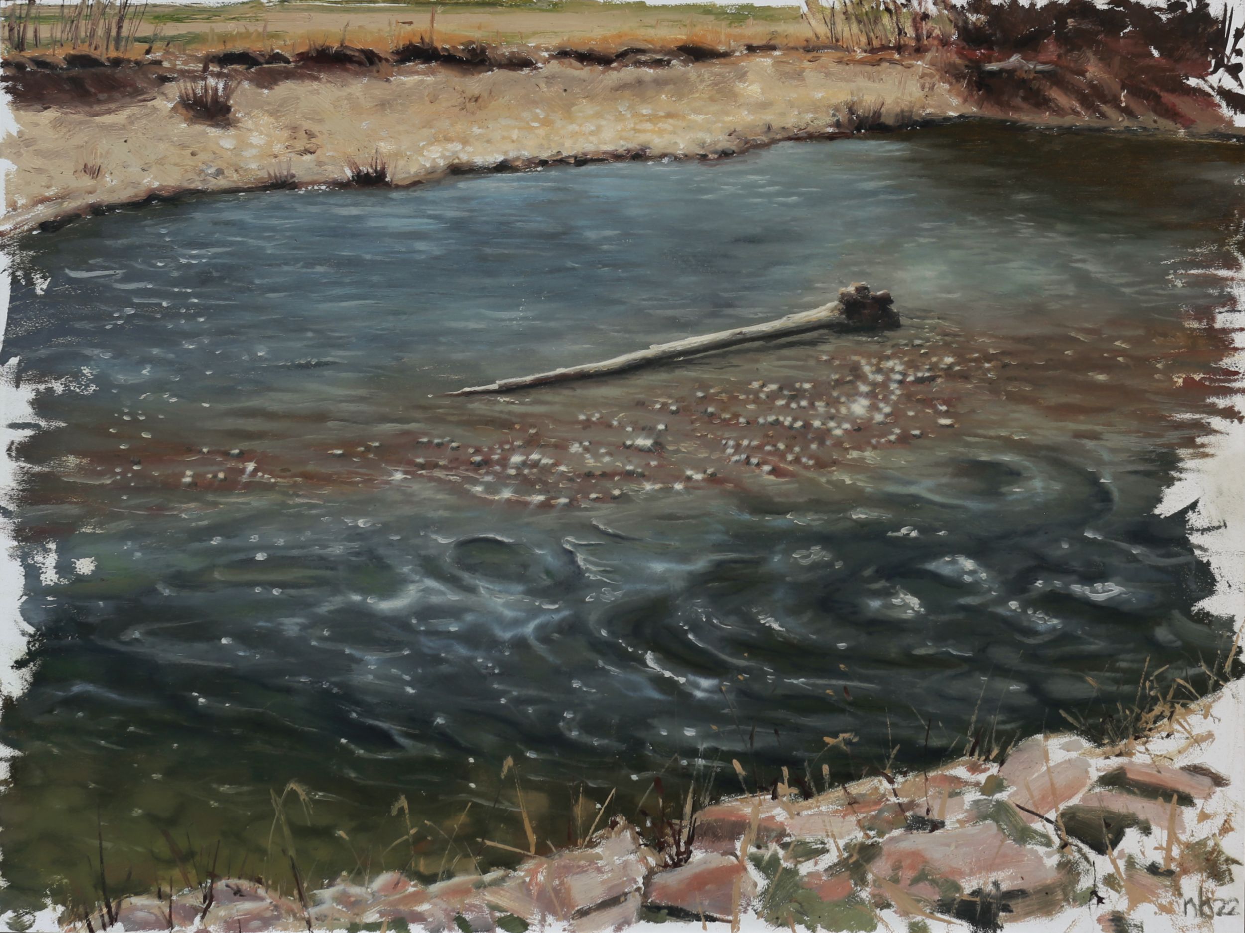 Oil painting of a dark blue-green river swirling around a pale fallen log, bordered by rocky banks and sparse brown vegetation.