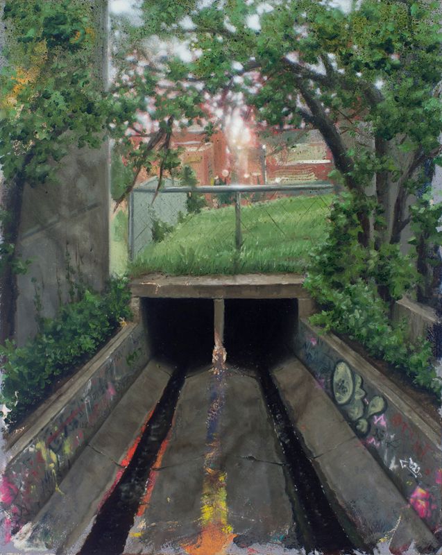 Oil painting of a graffiti-lined concrete drainage channel leading into twin dark tunnels beneath lush green trees and a chain-link fence.