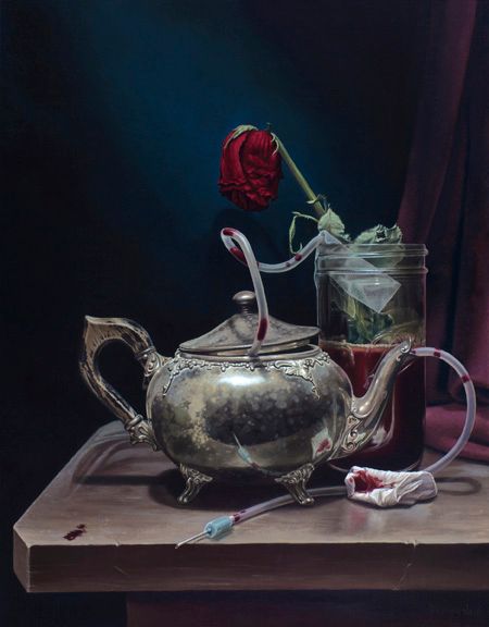 A dark still-life painting shows an ornate tarnished silver teapot, a drooping red rose in a glass jar, clear tubing, a syringe, and red-stained gauze.