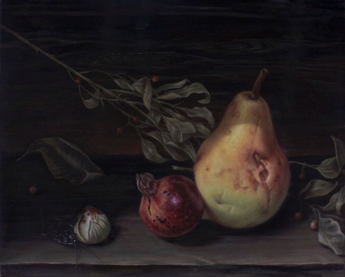 Dark still-life painting of a yellow-green pear, red pomegranate, small fig, and leafy berry branches arranged on a tabletop.