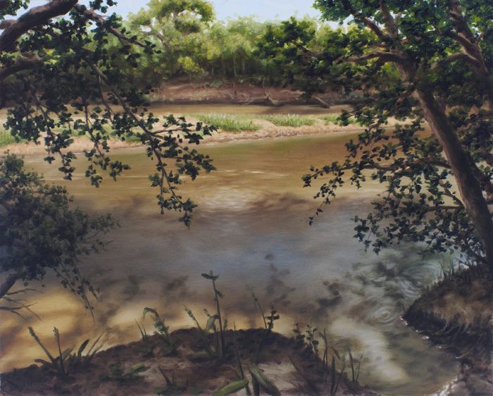Oil painting of a brown river framed by shadowed tree branches, with sunlit foliage and a sandy opposite bank.