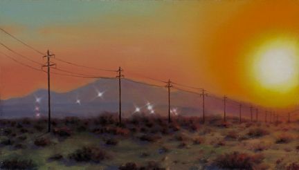 Small landscape painting of telephone poles crossing scrubby desert terrain, with distant mountains, glinting lights, and a glowing sun.