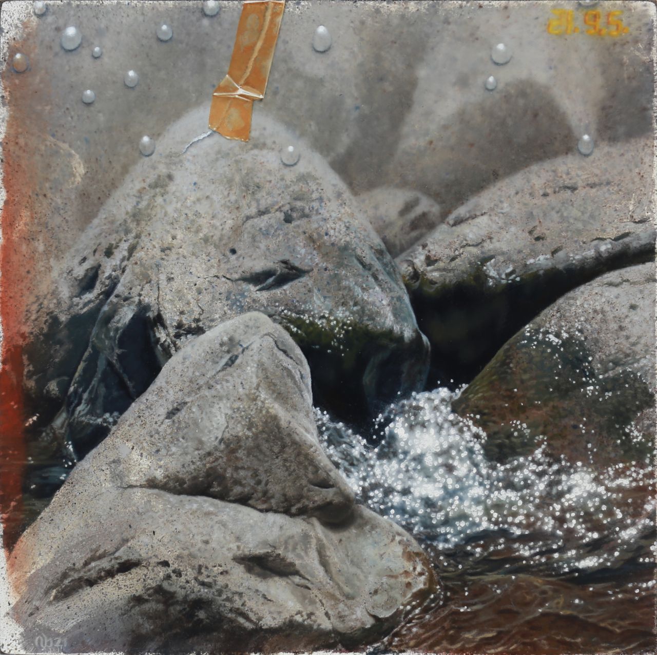 A close view of sparkling water flowing between pale gray rocks, beneath a misty field dotted with raised-looking droplets, an orange strip of tape, and yellow numbers.