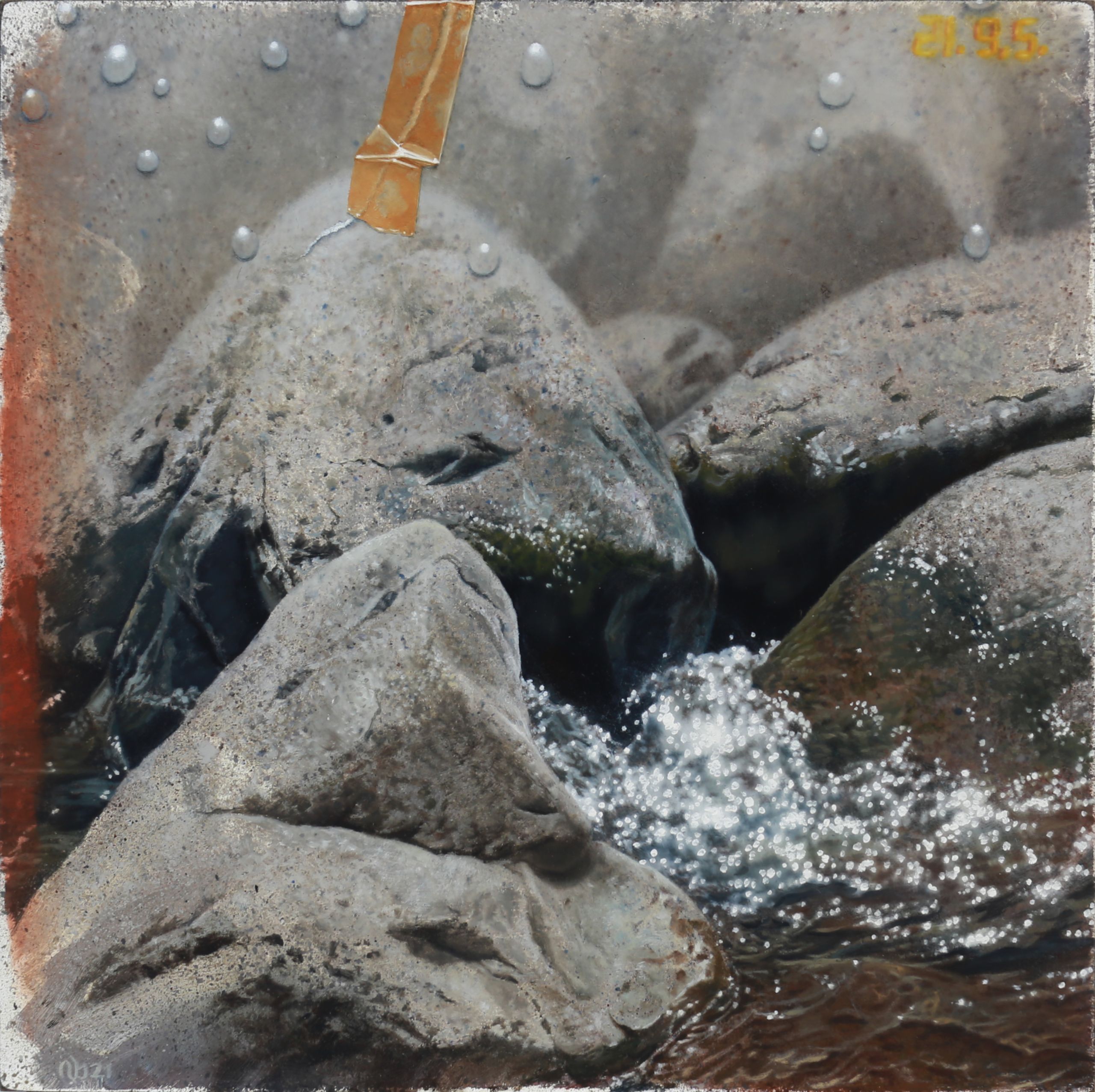 A close view of sparkling water flowing between pale gray rocks, beneath a misty field dotted with raised-looking droplets, an orange strip of tape, and yellow numbers.