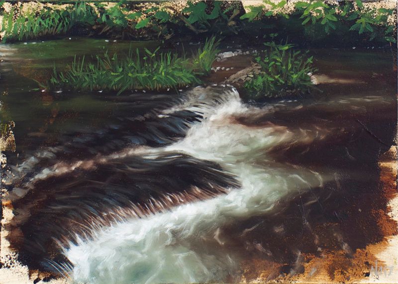 Small oil painting of whitewater rushing over dark rocks, bordered by grassy green riverbanks and loosely unfinished edges.