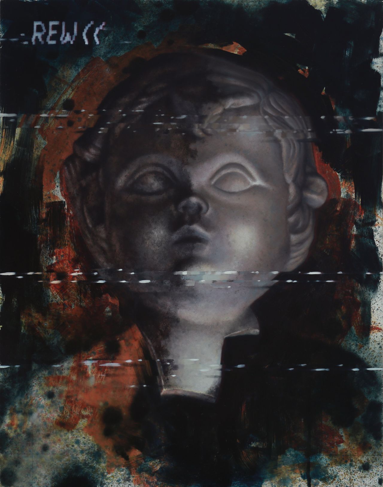 A grayscale sculpted child doll head fills the painting amid black, rust, and teal brushwork, fragmented by horizontal digital-like streaks.