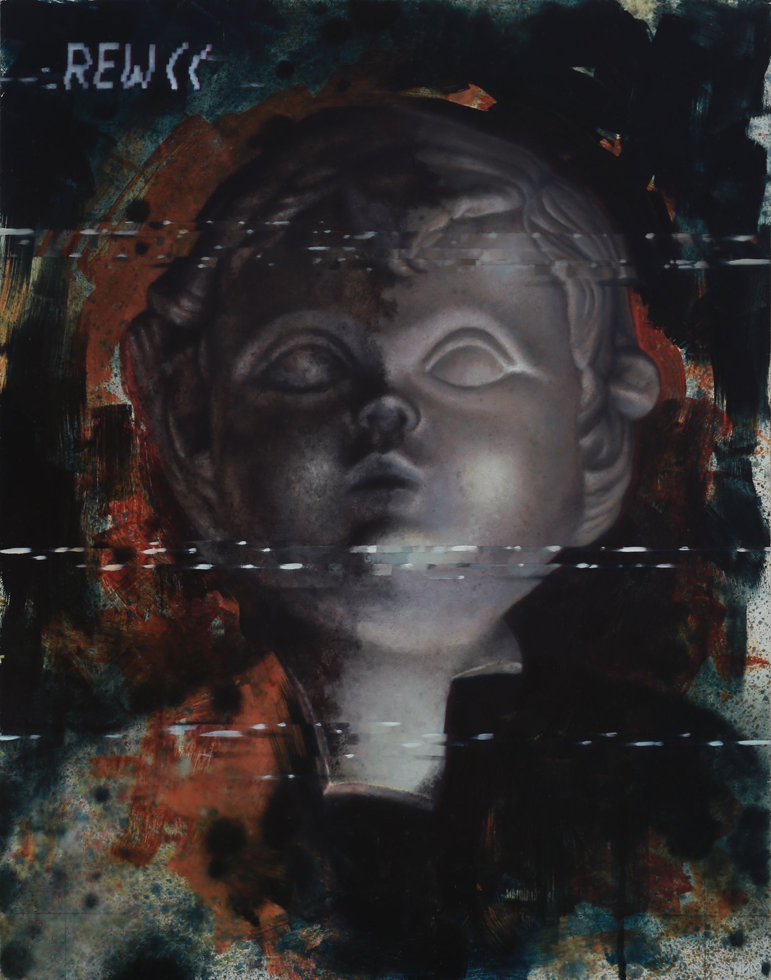A grayscale sculpted child doll head fills the painting amid black, rust, and teal brushwork, fragmented by horizontal digital-like streaks.