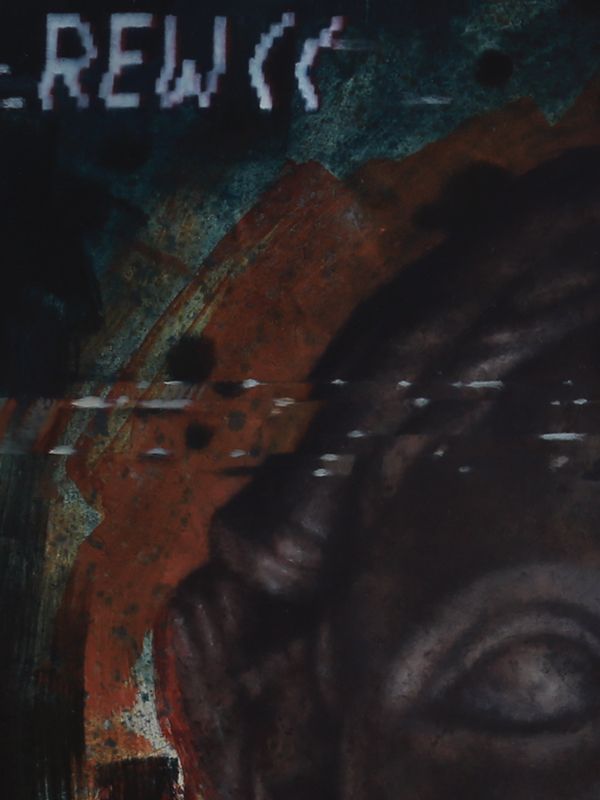 A dark, tightly cropped face fills the lower right beneath rust-orange arcs, teal textures, white streaks, and fragmented block lettering.