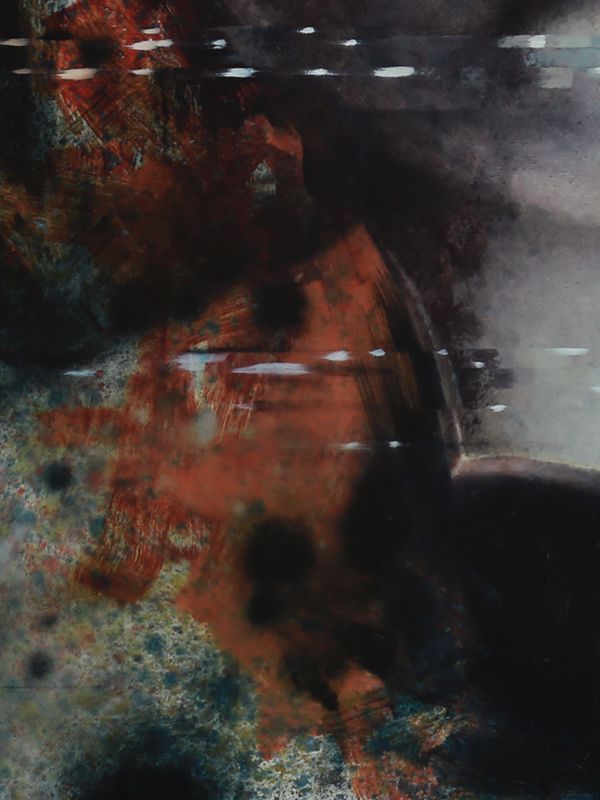 Abstract painting with layered black and rust-red forms, mottled blue-green textures, and thin horizontal white streaks.