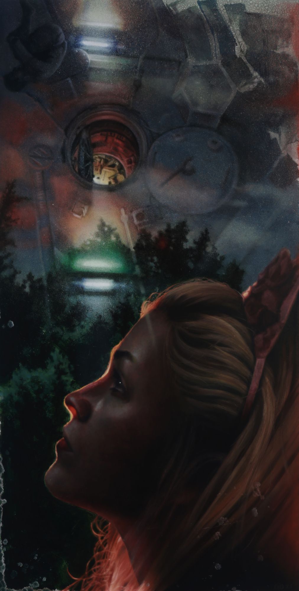 A blonde female in shadowed profile looks upward beneath layered machinery, circular reflections, and dark trees illuminated in red, green, and blue night sky.