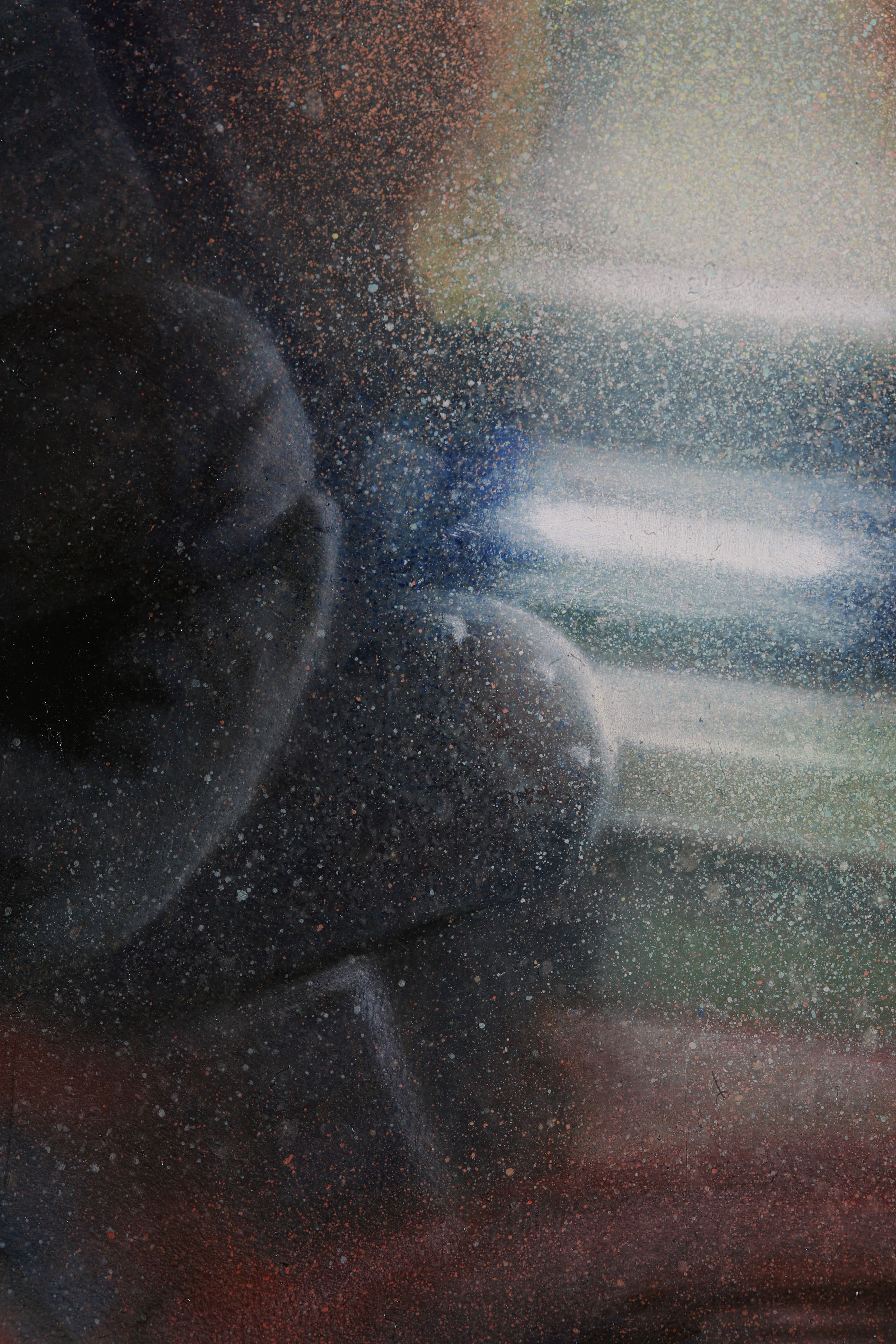 Close detail of a dark seated figure against pale blue-green horizontal bands, covered throughout with dense white, blue, and rust-colored speckles.