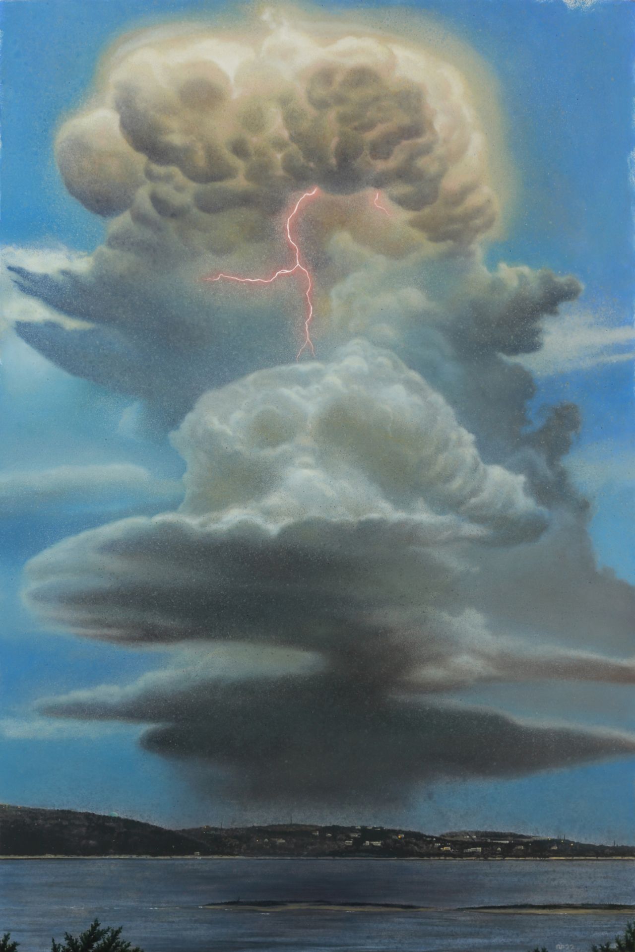 Towering gray storm clouds with pink lightning fill a blue sky above a dark shoreline and calm lake.