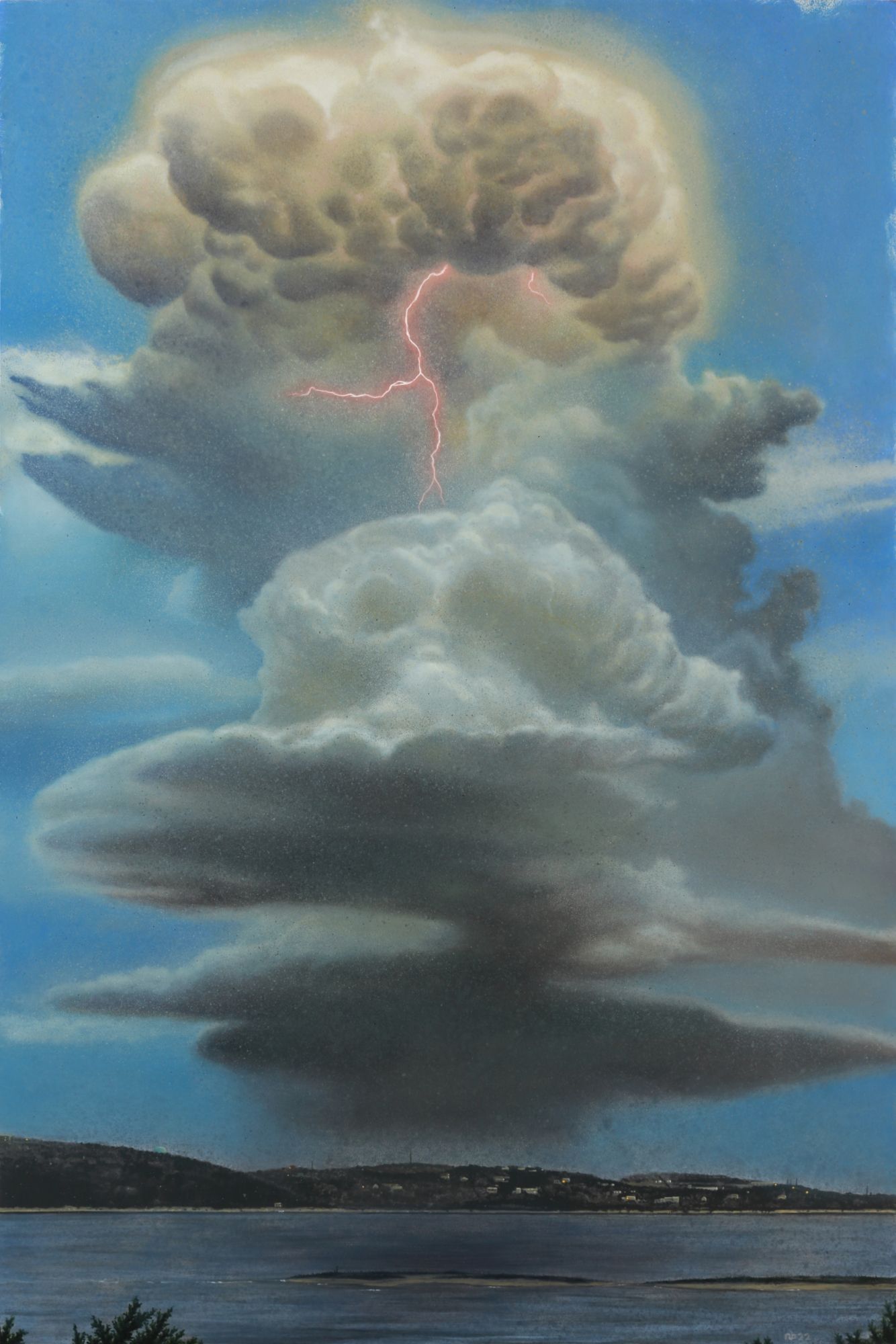 Towering gray storm clouds with pink lightning fill a blue sky above a dark shoreline and calm lake.