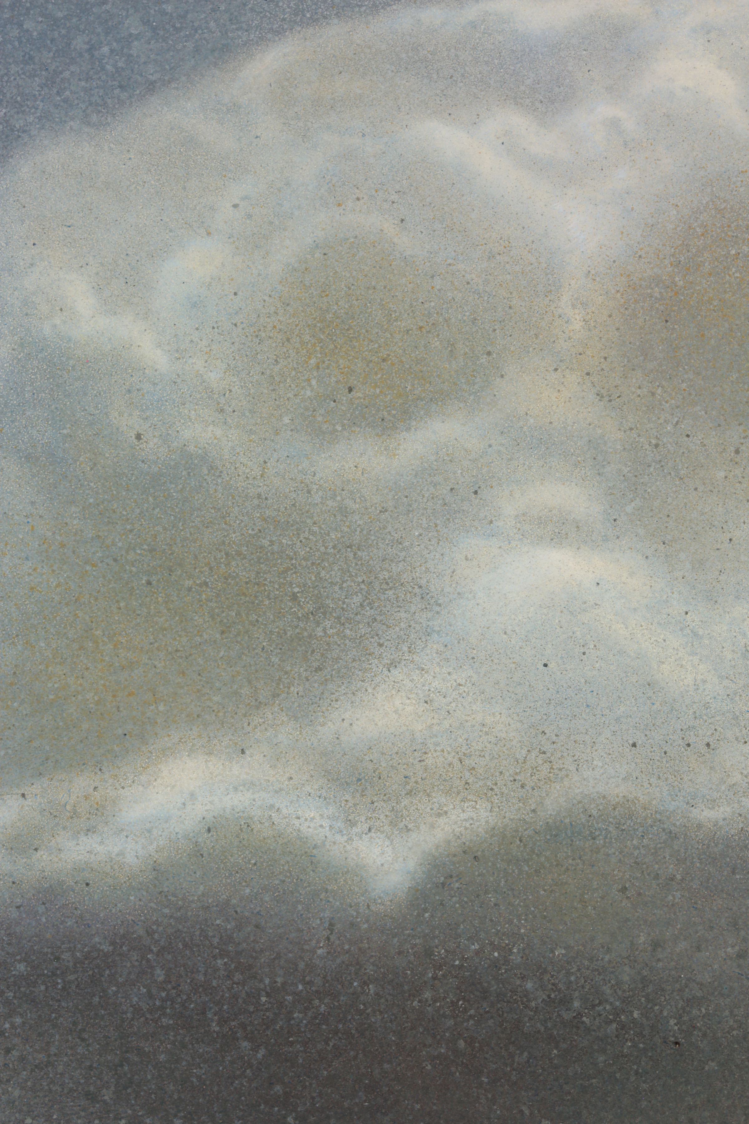Close detail of mottled blue-gray, cream, and ochre paint forming diffuse cloudlike bands above a dark lower edge.