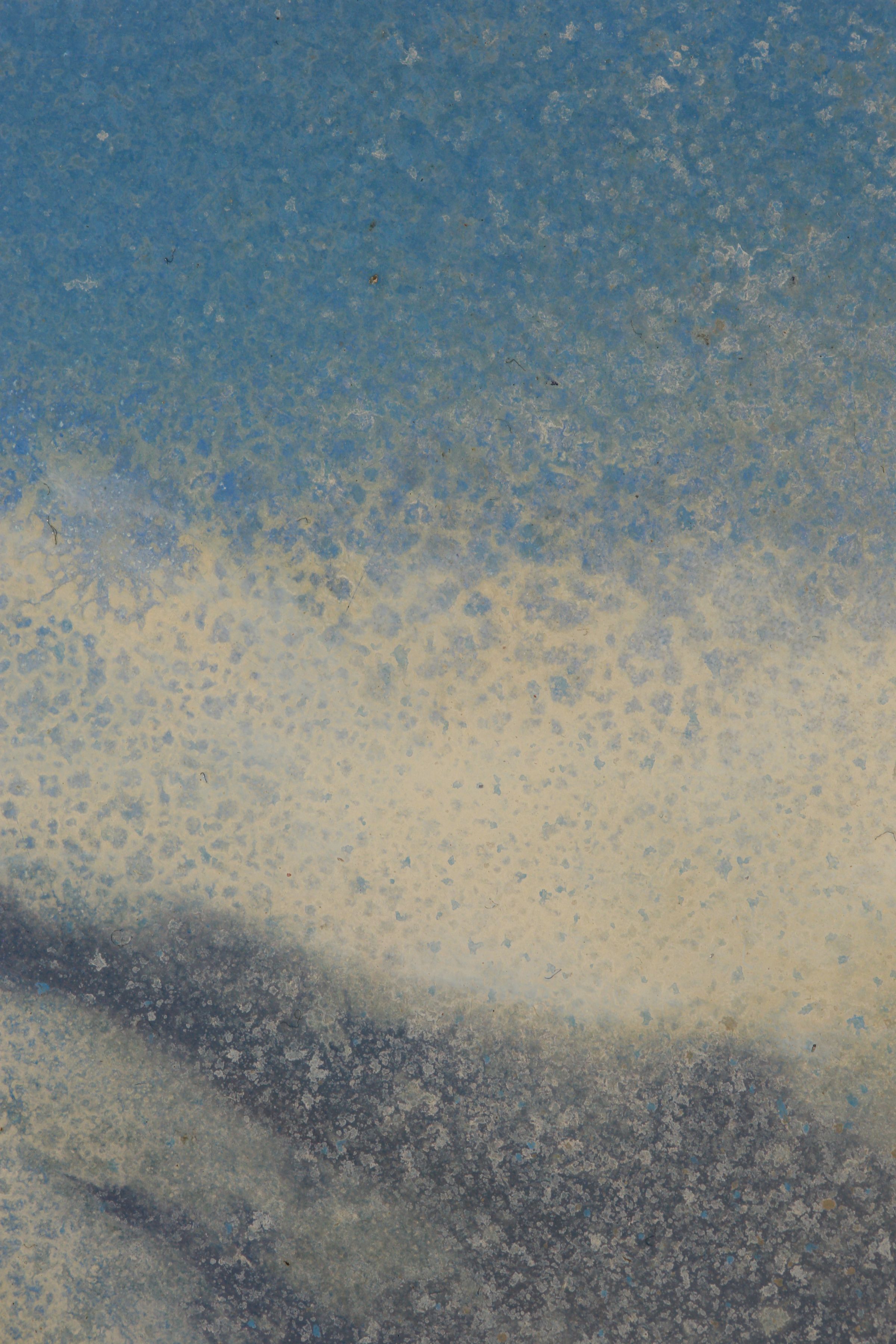Close detail of a mottled painting with layered blue, cream, and charcoal fields divided by soft, uneven horizontal bands.