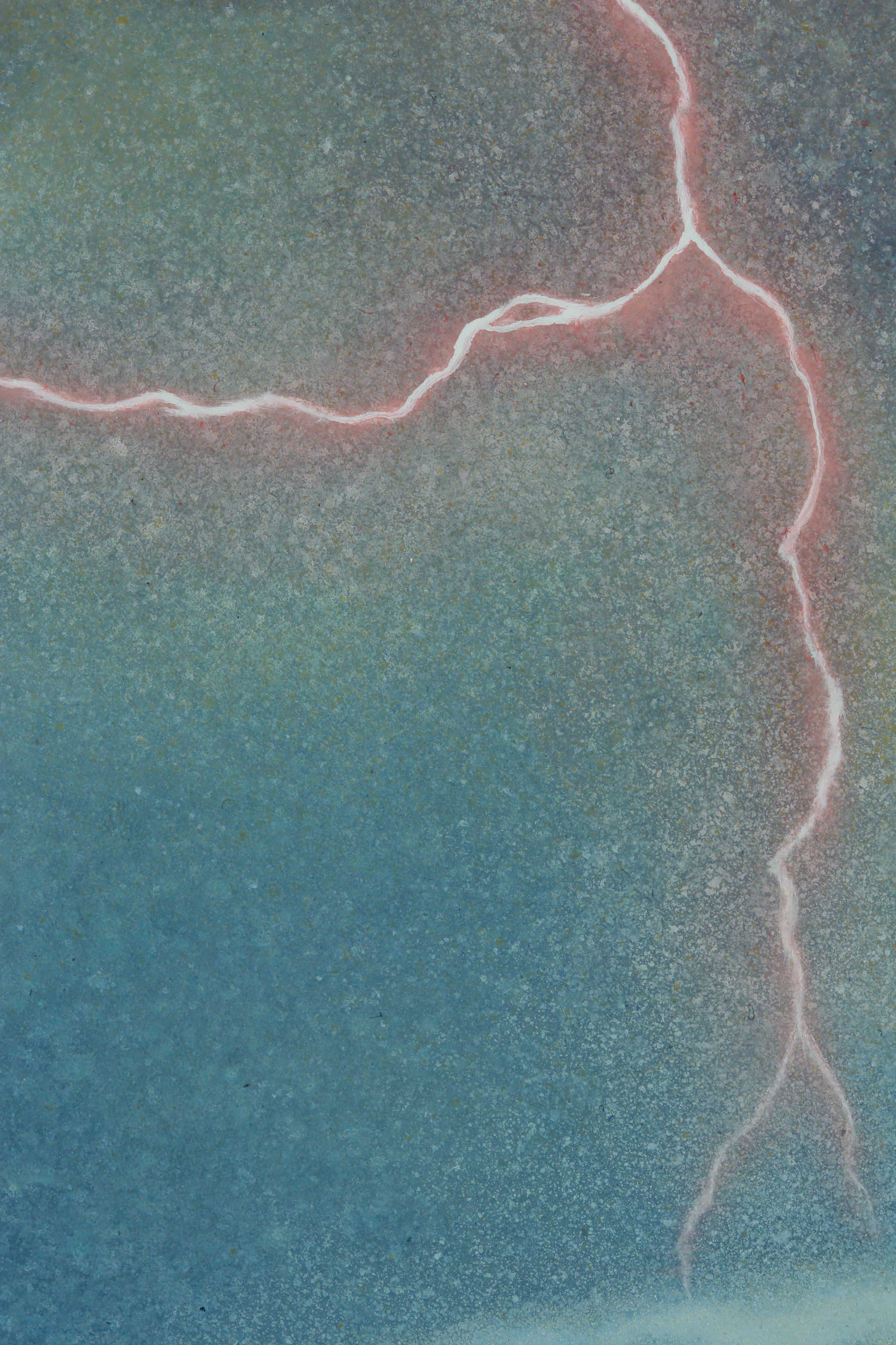 Close detail of a mottled blue-gray painting crossed by branching white lines edged with muted pink.