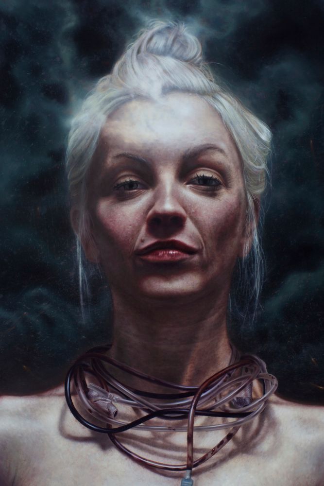 Close portrait painting of a blonde woman with a topknot, encircled at the neck by tangled translucent and red blood tubes.
