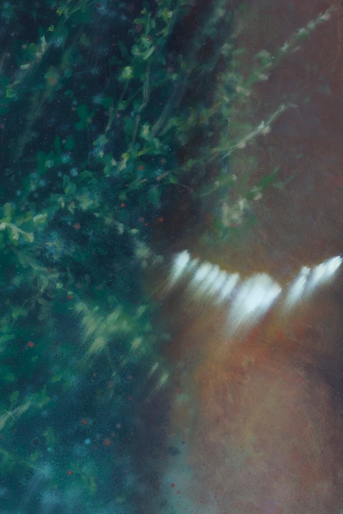 Abstract painting with swirling teal and green forms beside a hazy brown field, crossed by a bright white diagonal streak.