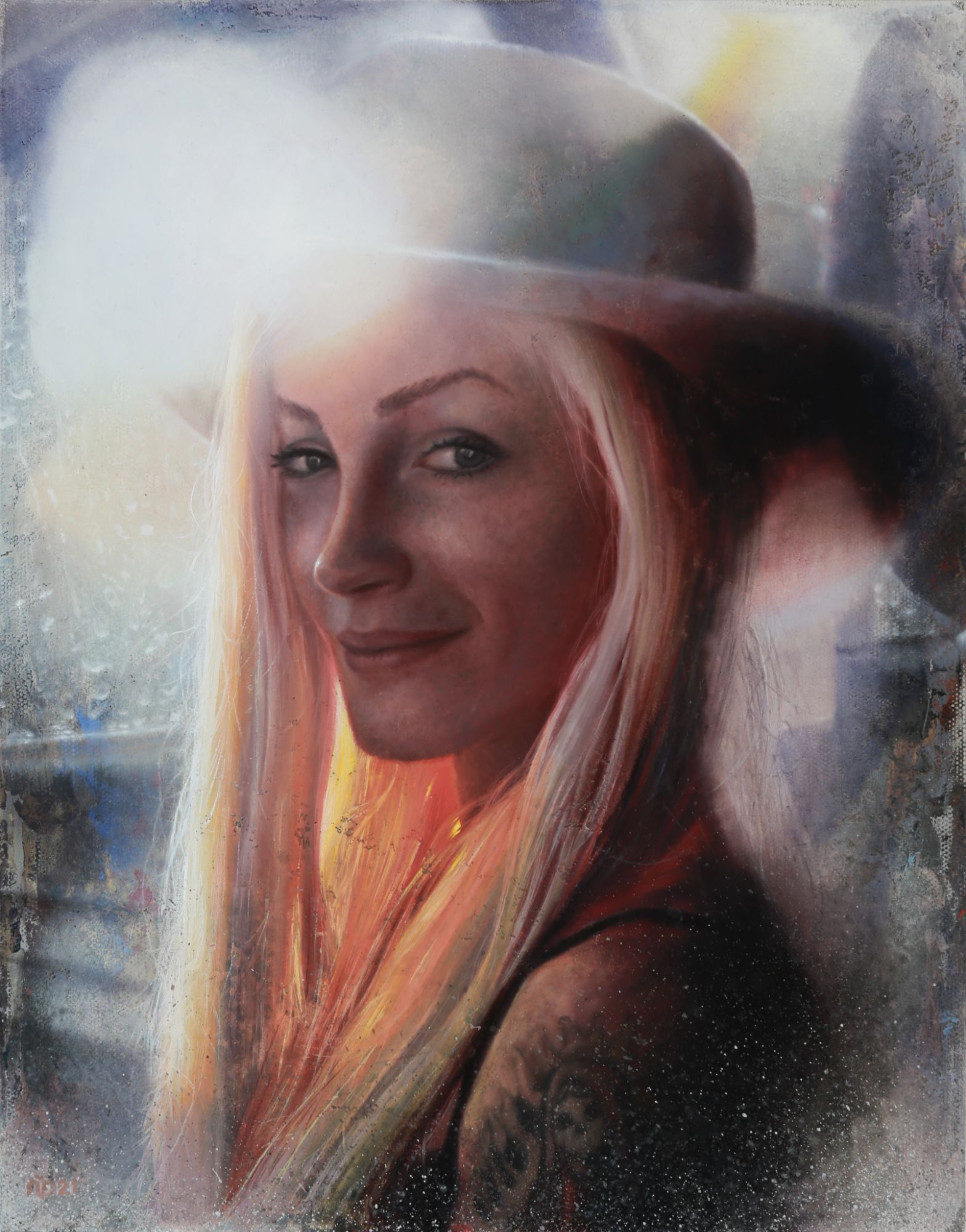 Close portrait of a blonde woman in a wide-brimmed hat, glancing sideways amid hazy blue, white, and warm orange tones.