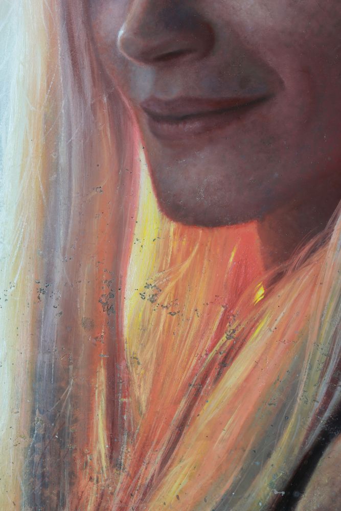 Close detail of a sunlit face and long hair, painted in warm orange, yellow, pink, and muted blue tones.