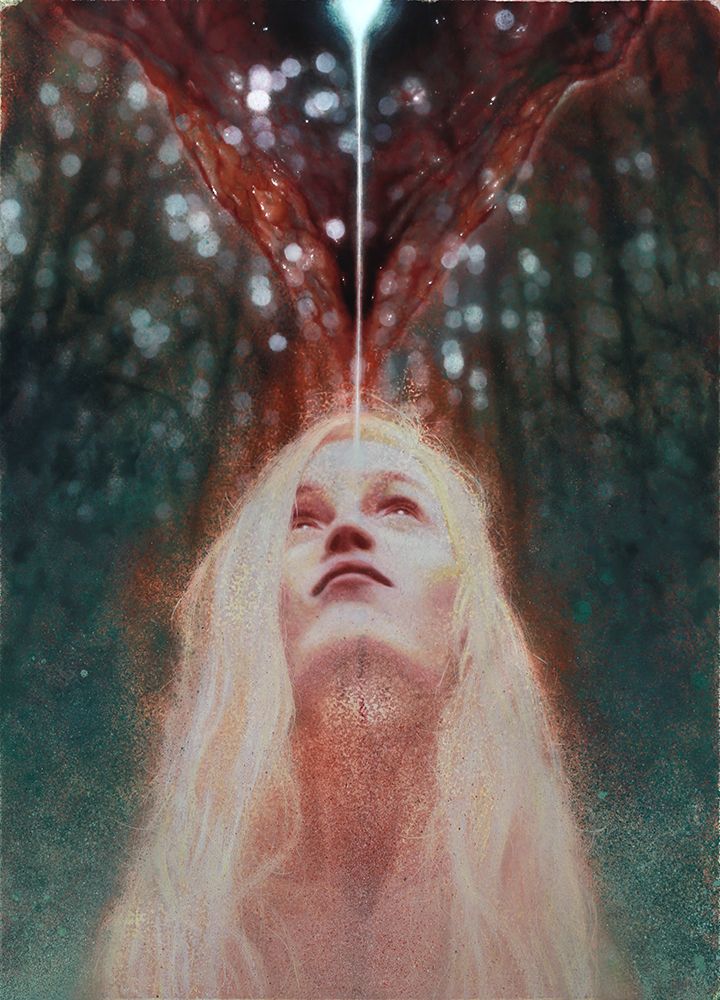 A pale, long-haired female figure gazes upward beneath a narrow white beam, framed by dark teal foliage and branching red fleshy forms.