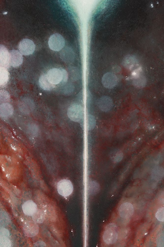 A luminous white vertical beam divides a dark, cloudy field of deep red, black, teal, and scattered pale circular forms.