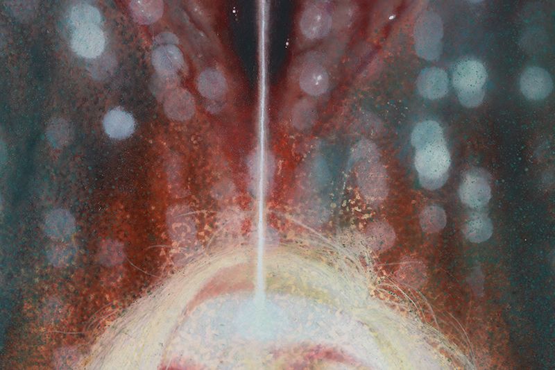 Abstract painting with a glowing pale orb and vertical white beam amid mottled red and teal fields and blurred circular forms.