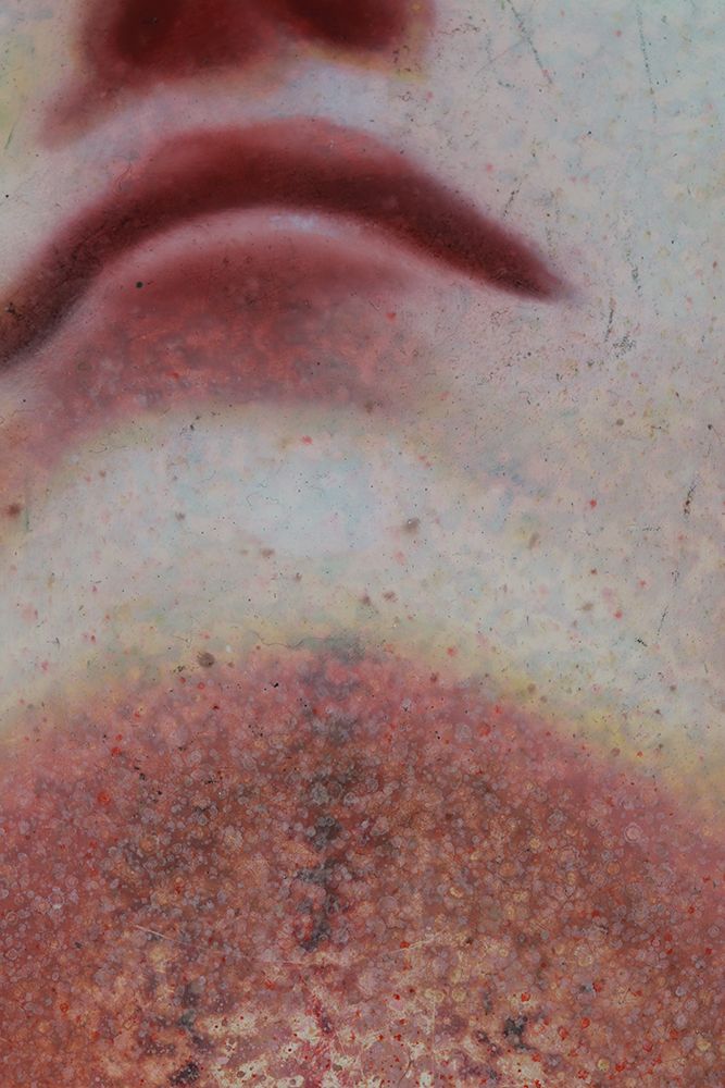 A hazy close-up painting shows dark red lips above a mottled field of pale blue, pink, rust, and speckled red.