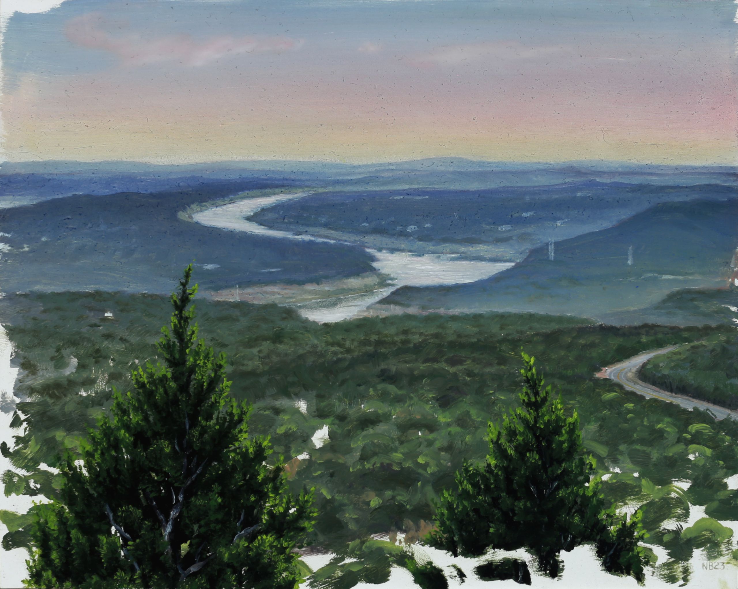 Wide landscape painting of layered blue hills, winding reflective water, dark green foreground trees, and a pale pink-and-blue sunset sky.