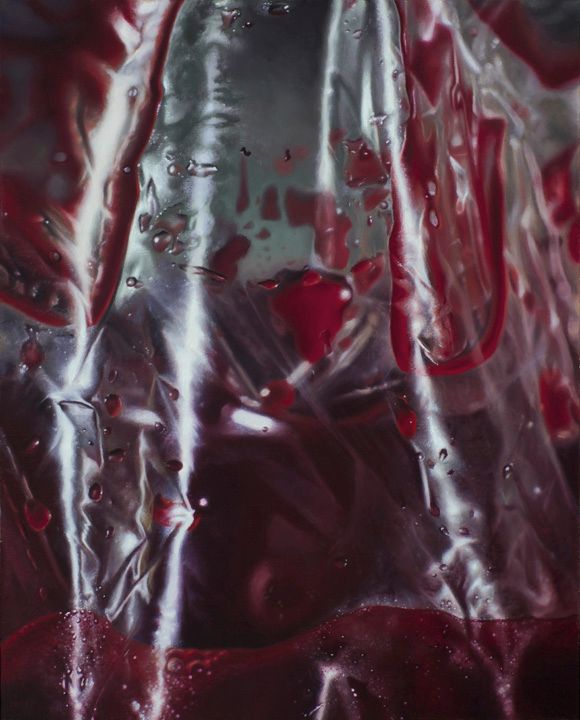 Close-up painting of translucent, crinkled plastic streaked with glossy red blood, silvery highlights, dark maroon shadows, and scattered droplets.