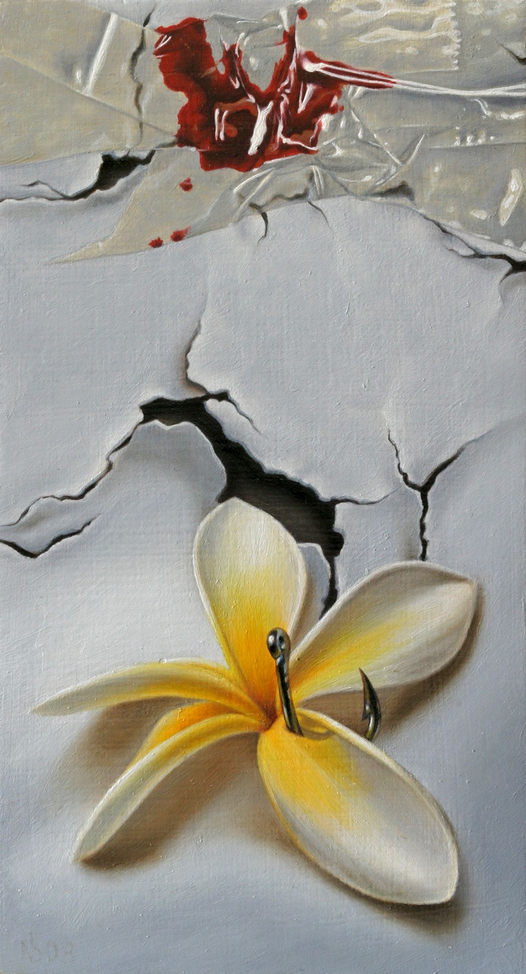 A yellow-white flower pierced by a fish hook lies beneath cracked gray surfaces and translucent shards marked by a red smear.