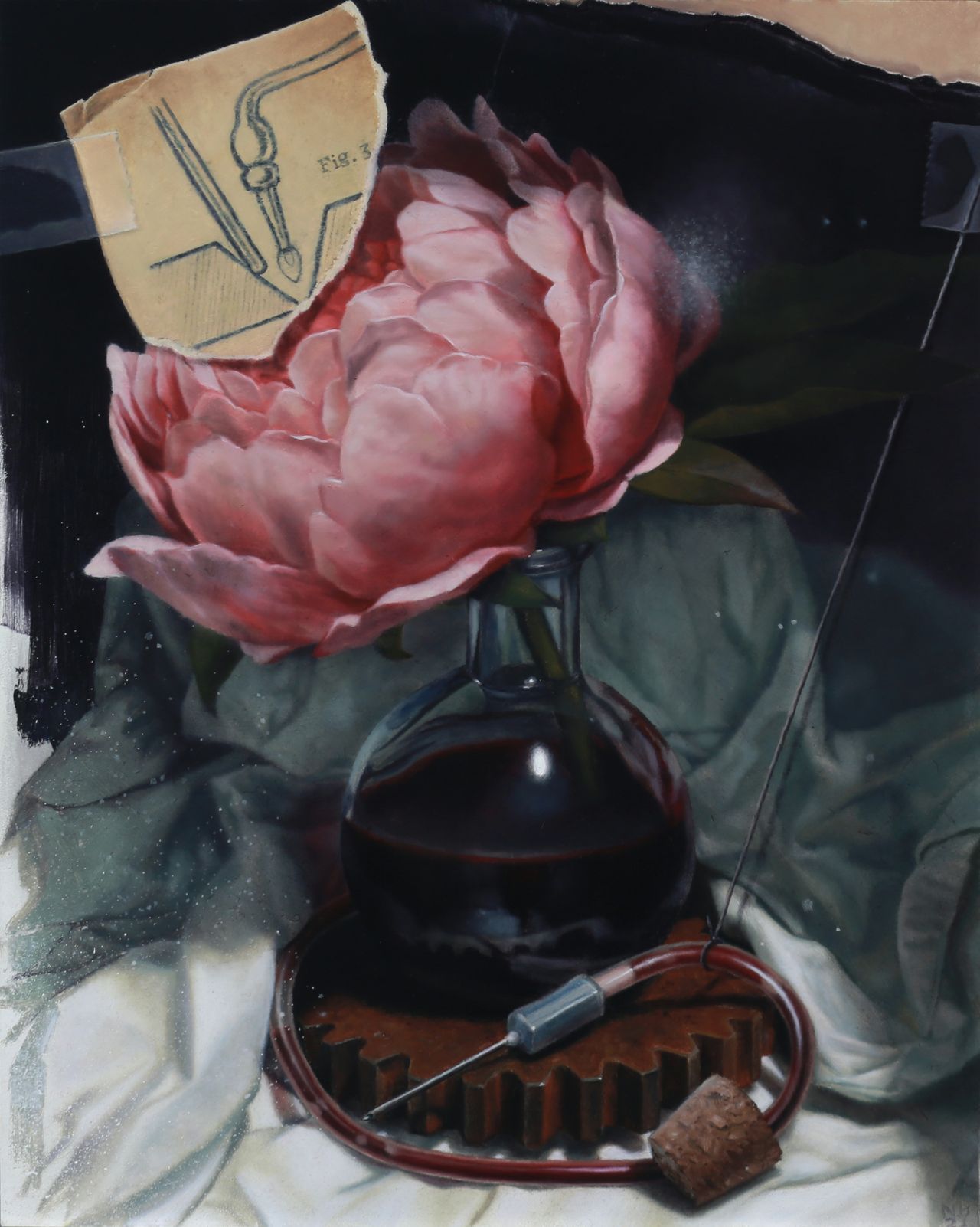 A large pink flower rises from a dark blood filled glass flask, coiled red tubing, needle, gear, cork, and torn diagram against pale drapery.