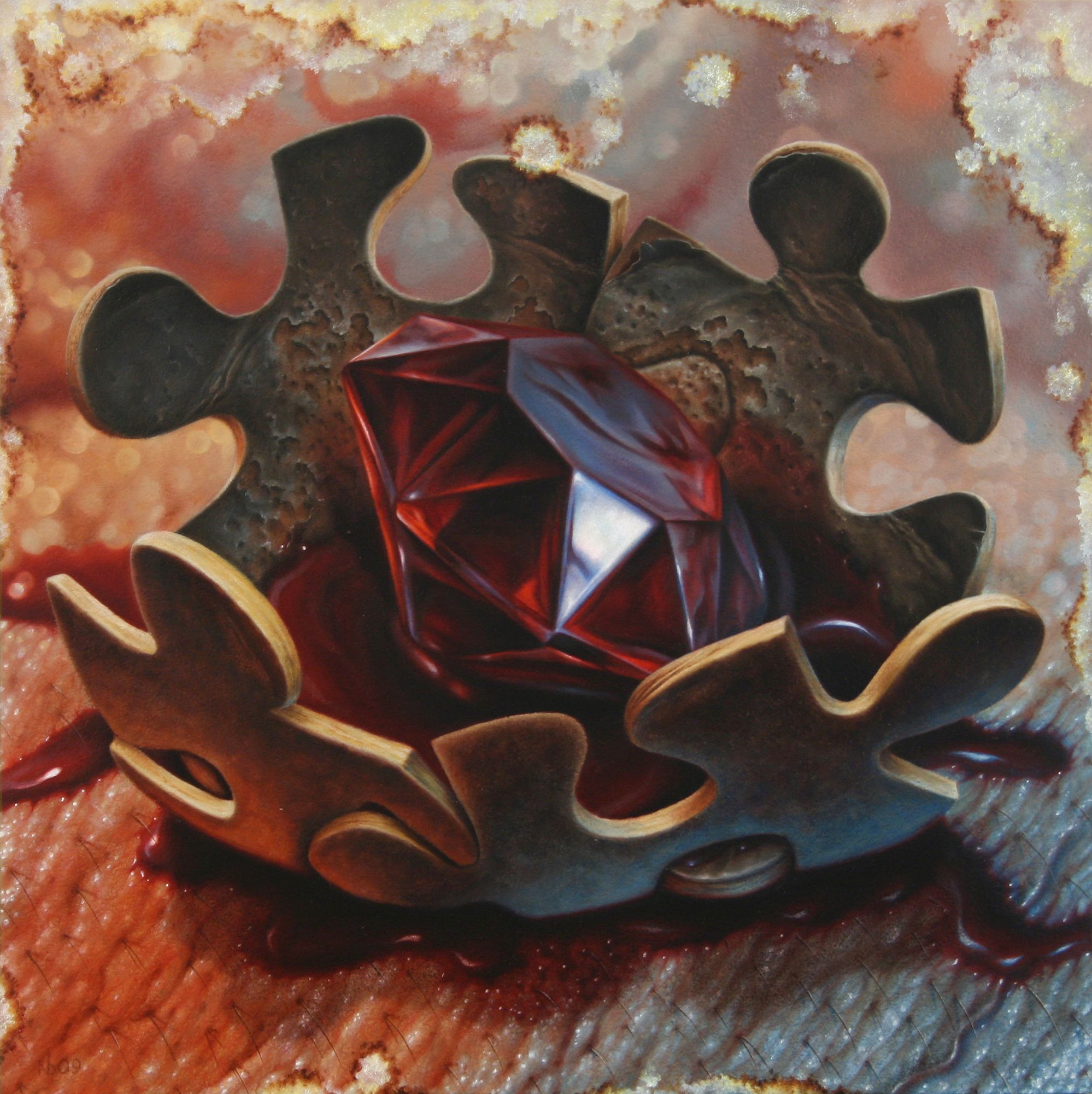 A faceted red gemstone rests among dark, interlocking puzzle-like forms against a mottled red, blue, and cream background.