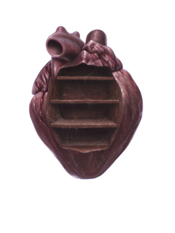 A dark reddish anatomical heart contains three empty wooden shelves draped with fine cobwebs against a white background.