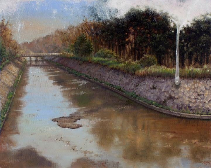 Oil painting of a calm canal beneath a bridge, bordered by stone embankments, dense trees, and white drips.