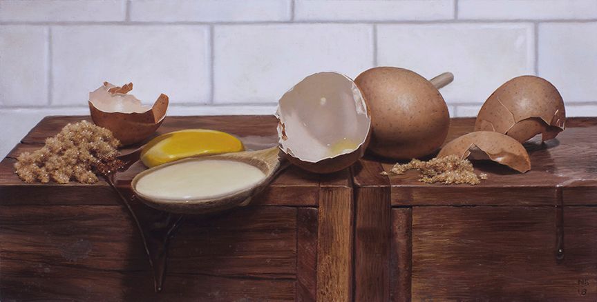 A realistic horizontal painting of cracked brown eggs, spilled yolk and white granular piles of sugar on wooden boxes against white tiles.