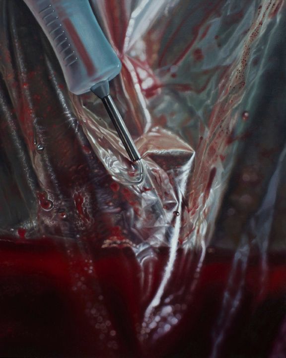 Close-up painting of a blue syringe needle piercing crinkled transparent plastic amid glossy dark red blood and scattered droplets.
