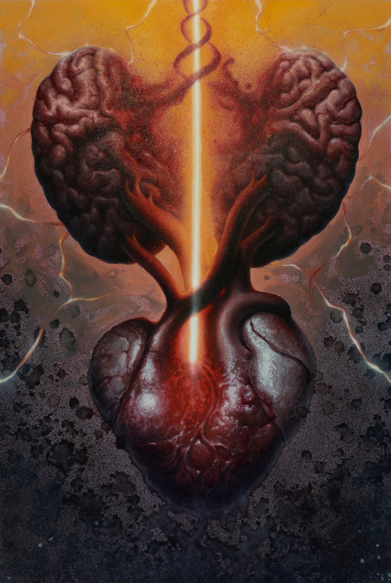 Surreal oil painting of human heart and brain with beam of light by Austin Texas artist Nick Baxter