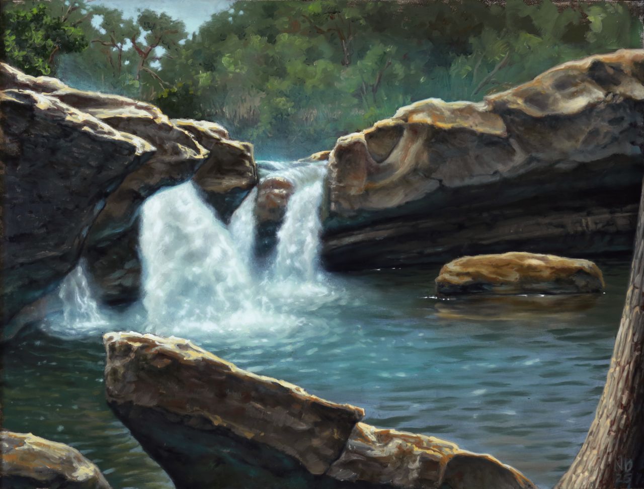 Landscape plein air oil painting of mckinney falls in austin texas by Nick Baxter