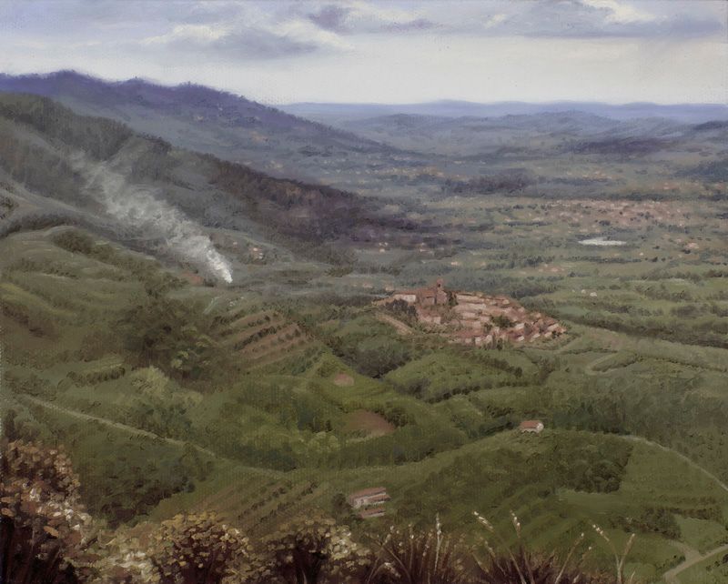 Panoramic oil landscape of rolling green hills, patchwork fields, a clustered village, distant blue ridges, and cloudy sky.
